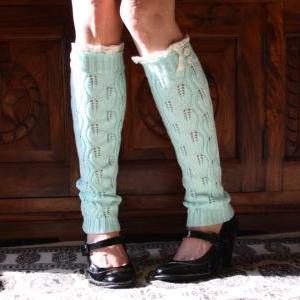 Aqua Cable Knit Lacy Leg Warmers, Button Leg..