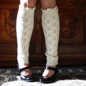 Ivory Cable Knit Lacy Leg Warmers, Button Leg..